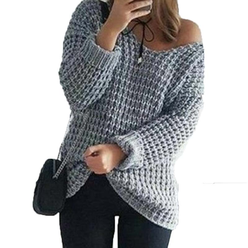 Fashion Women Off Shoulder Knitwear 2017 Autumn Sexy Ladies V Neck Long Sleeve Casual Party Loose Solid Blouse Sweater Pullover