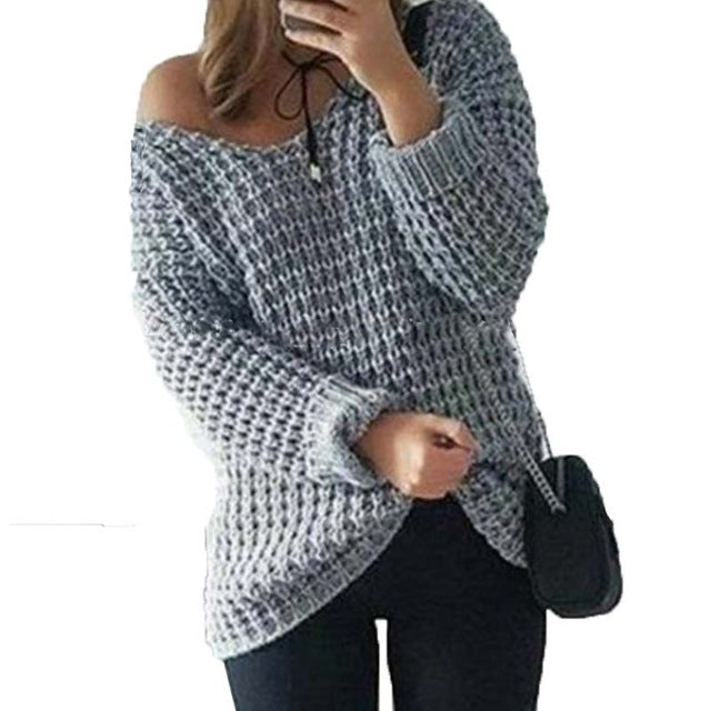 Fashion Women Off Shoulder Knitwear 2017 Autumn Sexy Ladies V Neck Long Sleeve Casual Party Loose Solid Blouse Sweater Pullover