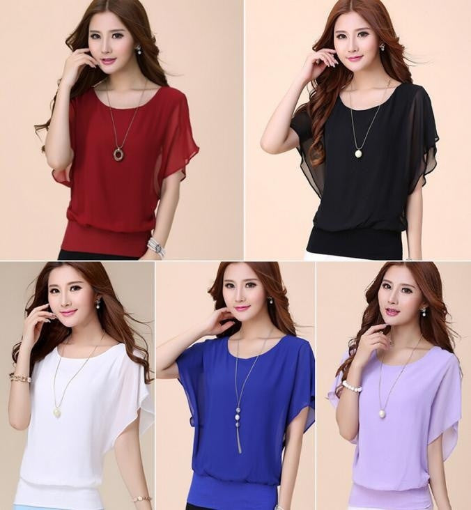 New Womens Tops Fashion Women Summer Chiffon Blouse Plus Size Ruffle Batwing Short Sleeve Casual Shirt Black White Red Blue