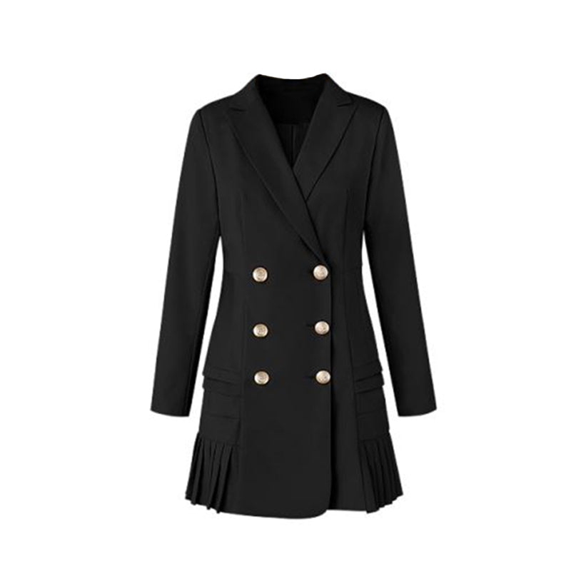 Women OL Double Breasted  Medium Long Suit Blazer Femme Autumn Cool Slim Pleated Blazer Coat Jacket Casual Outwear Plus Size