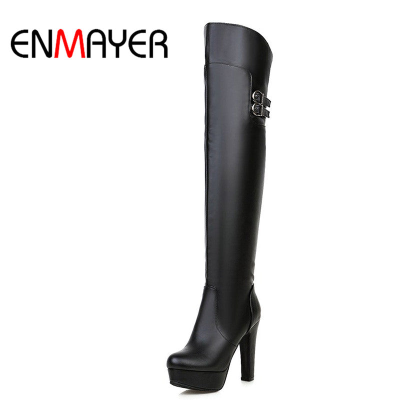 ENMAYER New Fashion Woman Boots Round Toe Platform Buckle Shoes Women Zippers Over-the-Knee Boots for Ladies Woman Shoes Black