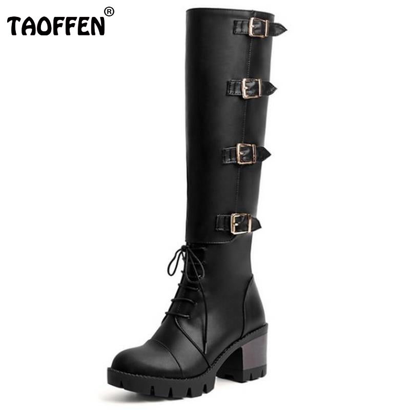 Women Fashion Round Toe Square Heel Knee Boots Woman New Cross Strap Knight Boots Lady Buckle Heels Shoes Footwear Size 30-43