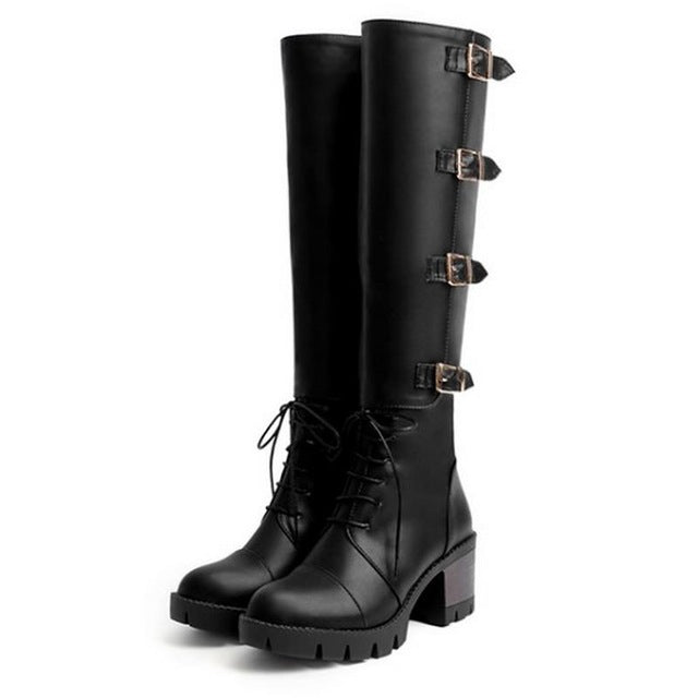 Women Fashion Round Toe Square Heel Knee Boots Woman New Cross Strap Knight Boots Lady Buckle Heels Shoes Footwear Size 30-43