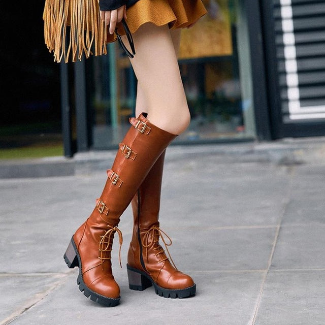 Women Fashion Round Toe Square Heel Knee Boots Woman New Cross Strap Knight Boots Lady Buckle Heels Shoes Footwear Size 30-43