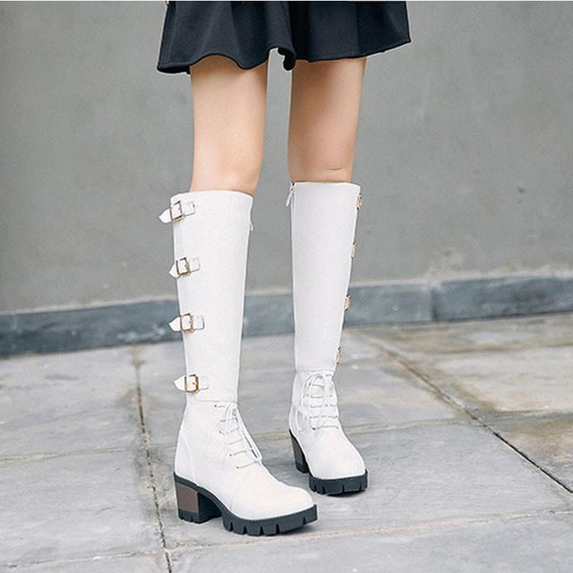 Women Fashion Round Toe Square Heel Knee Boots Woman New Cross Strap Knight Boots Lady Buckle Heels Shoes Footwear Size 30-43