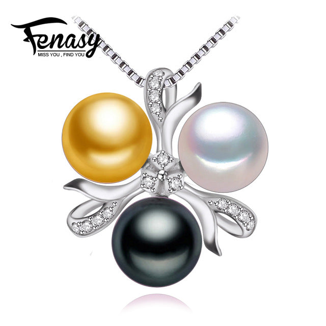 FENASY Fine Jewelry Pearl necklace ,Bohemian 2017 White black golden pearl jewelry charm necklace women pearl pendant