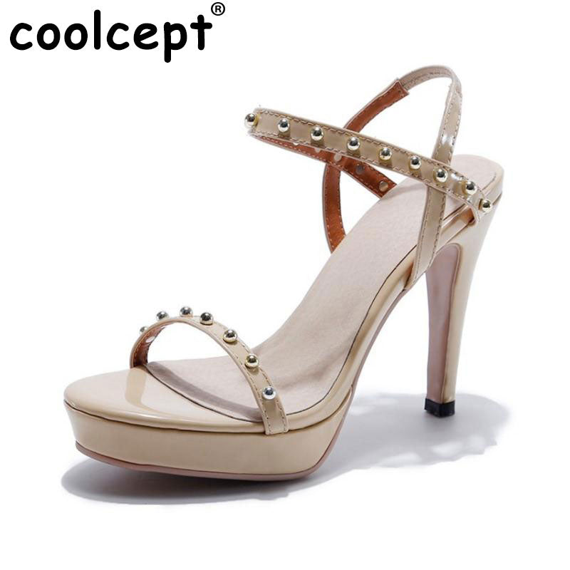 Coolcept Ladies Genuine Leather High Heel Sandals Women Platform Rivets Summer Shoes Sexy Party OL Female Footwear Size 34-39
