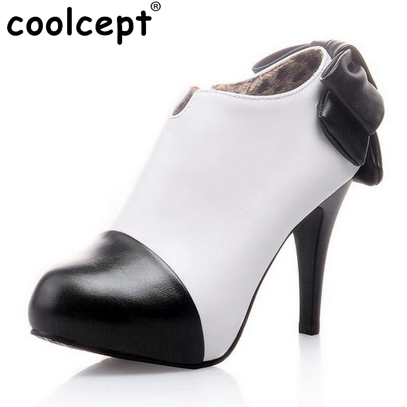Ladies High Heel Shoes Women Back Big Bow Zip Boots Round Toe Sexy Office Lady Platform Botas Heeled Footwear Size 31-43