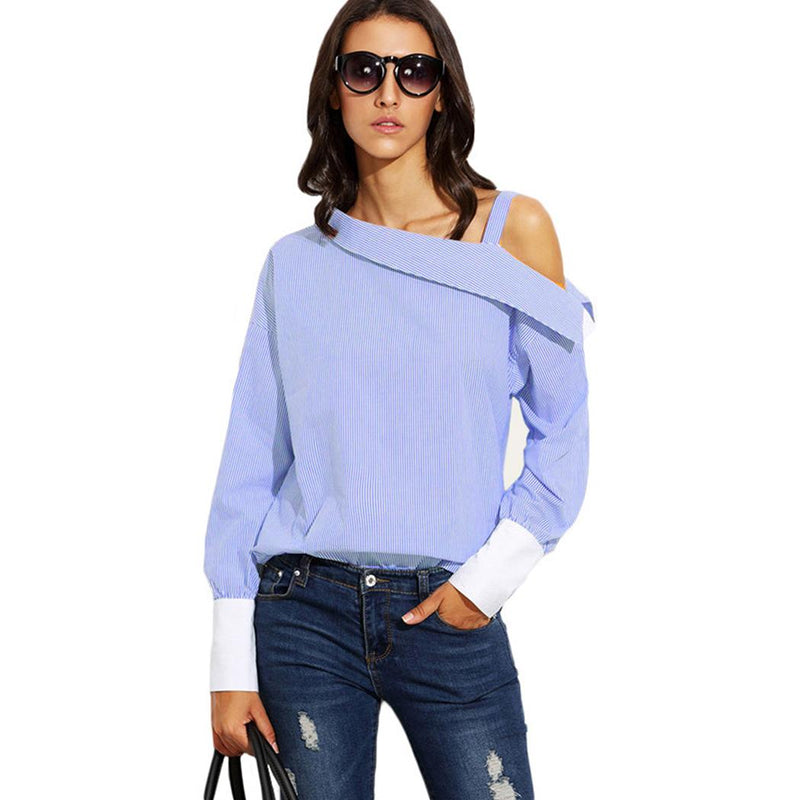 FANALA Women Blouse Blue Striped Contrast Cuff Asymmetric Off Shoulder Tops Long Sleeve Autumn Button Blouse Shirt 2017 Blusas