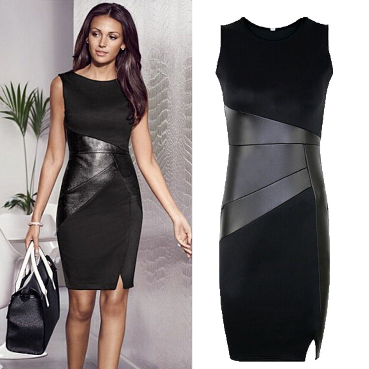 sleeveless leather stitching temperament dress