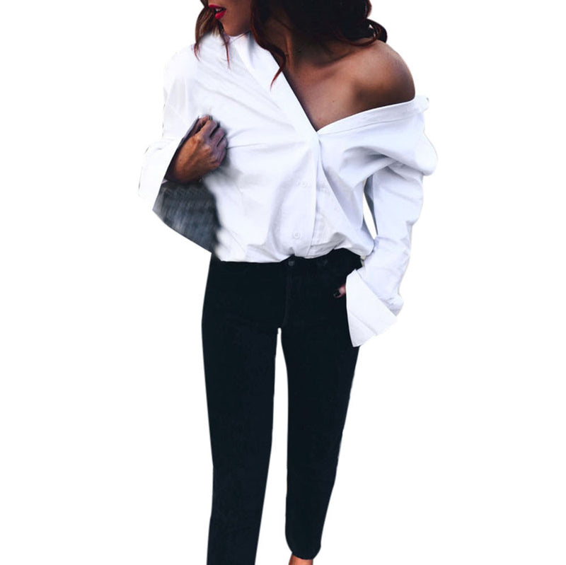 Office Lady Blouse Women Sexy V Neck Long Sleeve Shirt Loose White Cotton