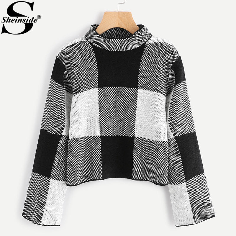 Sheinside Plaid Women Sweater Mock Neck Knitted Crop Pullovers Fall 2017 Fashion Women Sweaters and Pullovers Ladies Sweater
