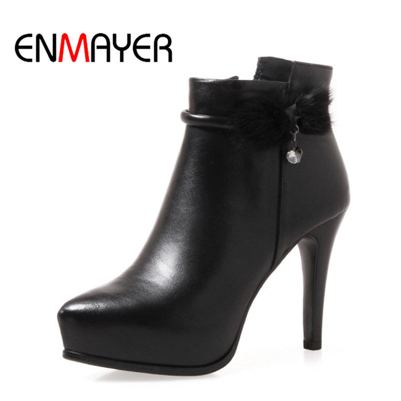 ENMAYER 2017 New Fashion Sexy Women's Ankle Boots High Heel Genuine Leatehr Women Autumn Boots Ladies Shoes Black White Boots