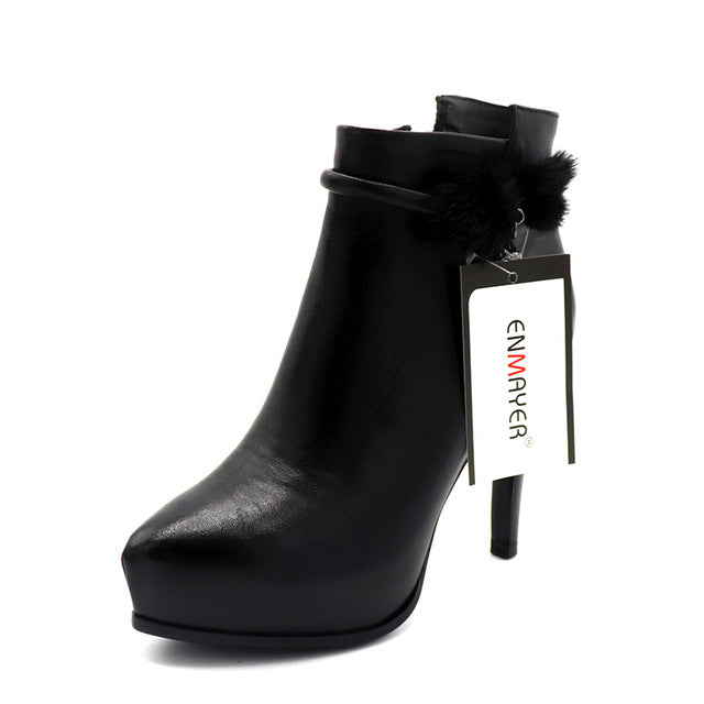 ENMAYER 2017 New Fashion Sexy Women's Ankle Boots High Heel Genuine Leatehr Women Autumn Boots Ladies Shoes Black White Boots