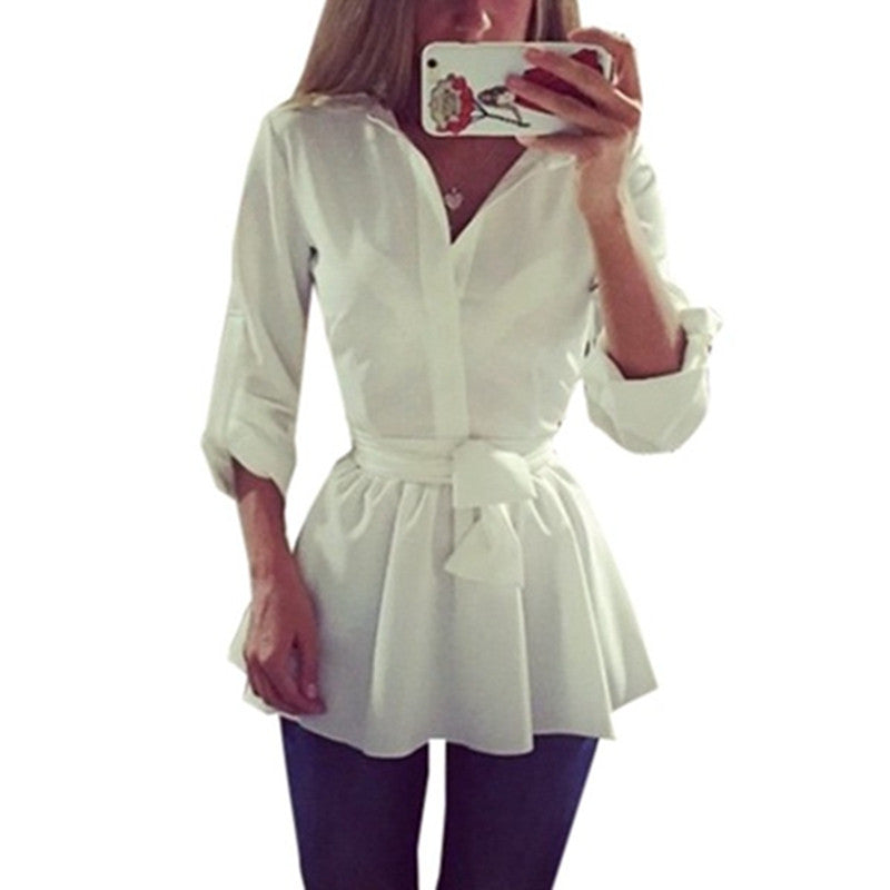 Fashion Spring Autumn 2017 Women Black White Blouse Sexy Lapel Fold Sleeve Belted Tunic Tops Shirt Plus Size Casual White Blusas