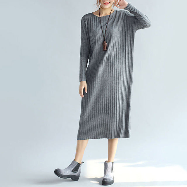 Vintage Women Warm Round Neck Ribbed Knitted Sweater Jumper Fashion Ladies Long Sleeve Casual Loose Long Shirt Dress Vestido