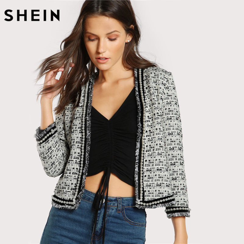 SHEIN Pearl Beaded Frayed Edge Tweed Blazer Fall 2017 Fashion Womens Collarless Work Wear Elegant Fitted Blazers