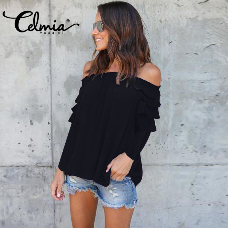 Celmia Women Sexy Off Shoulder Blouse 2017 Autumn Long Sleeve Chiffon Femininas Blouse Casual Ruffle Tops Shirts Plus Size