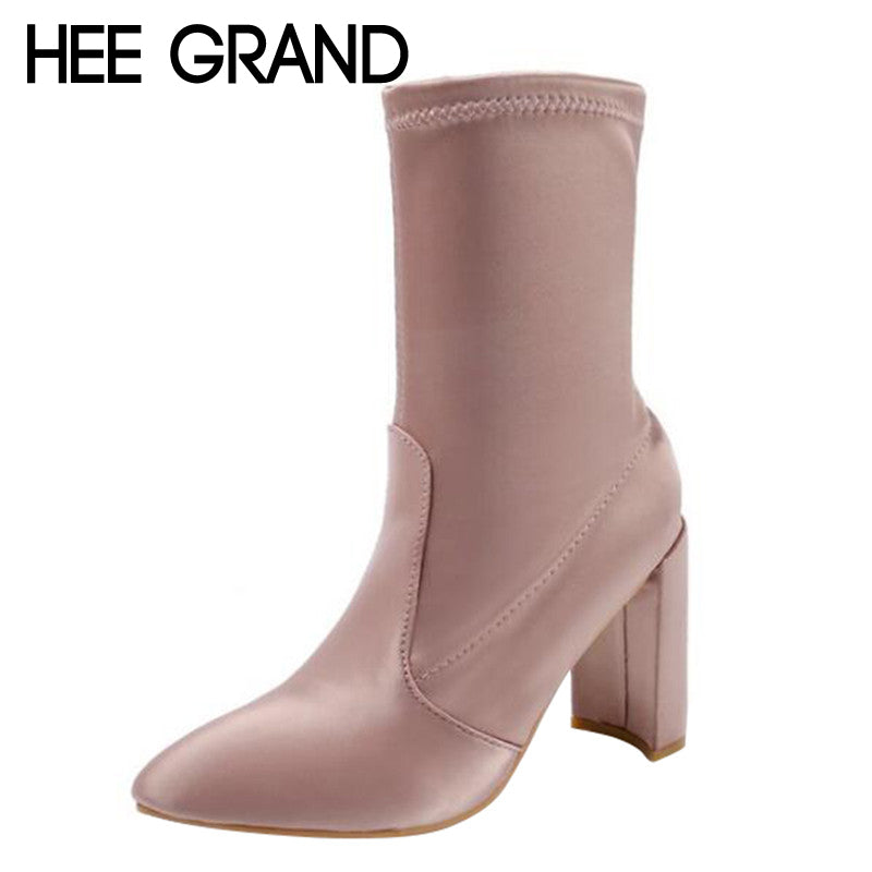 HEE GRAND 2017 New Arrival Women Fashion Boots Elegant Ladies' Sexy Thick High Heel Shoes Stretch Fabric Ankle Boots XWX6363