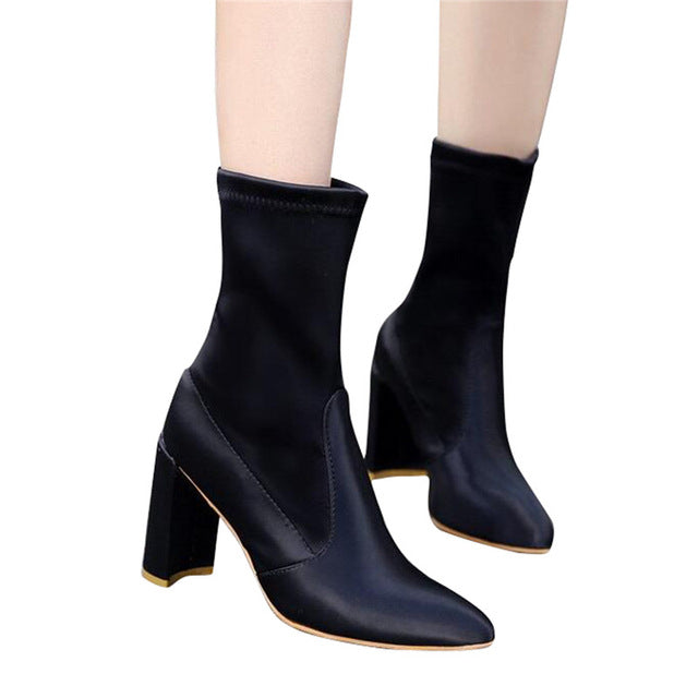 HEE GRAND 2017 New Arrival Women Fashion Boots Elegant Ladies' Sexy Thick High Heel Shoes Stretch Fabric Ankle Boots XWX6363