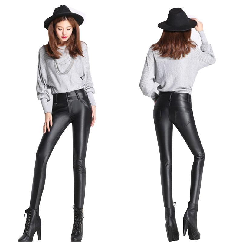 Plus size clothing PU leather black pencil pants trousers for female ladies