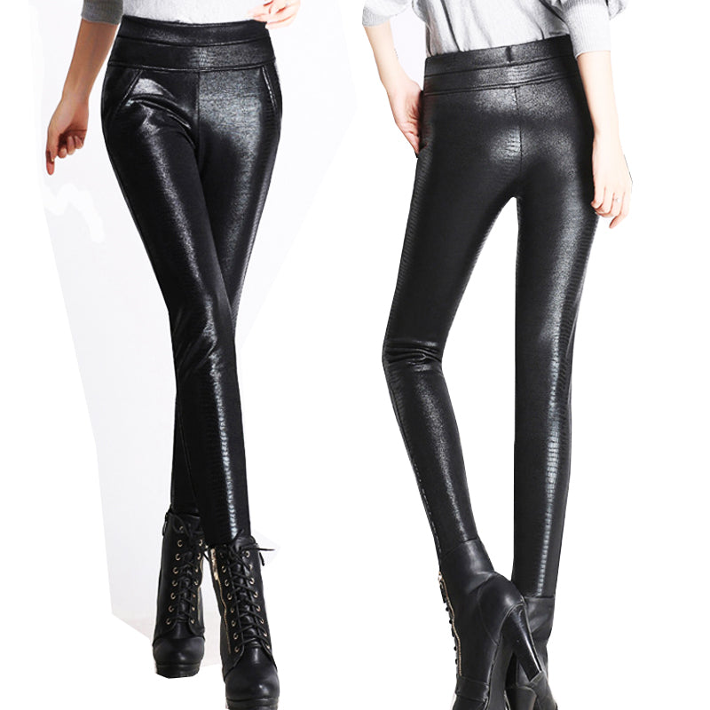 PU leather thicken black pencil pants trousers for female ladies