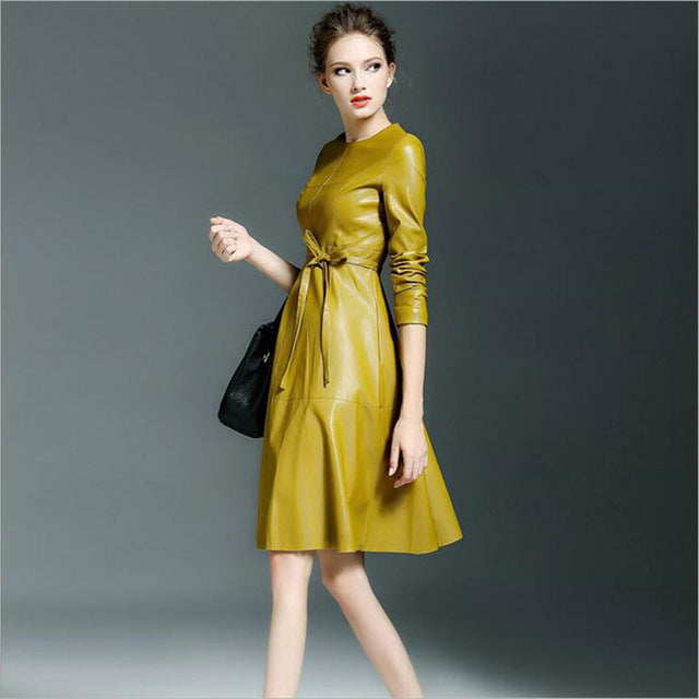 2017 new European imitation leather dress simple long-sleeved solid round neck collar Slim was thin A word dress women's suit