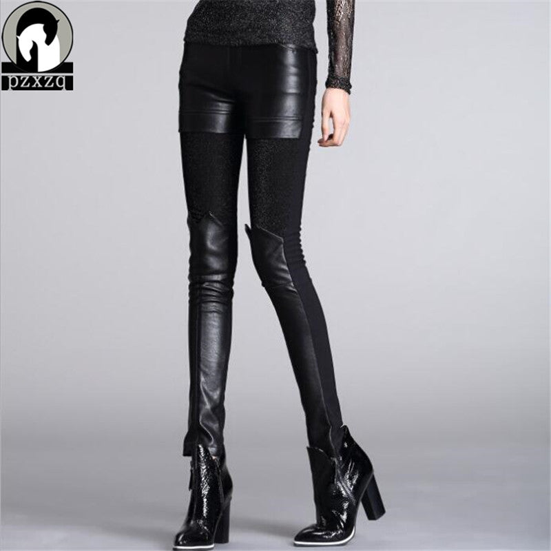 Personality Women's Pants Women Velvet Thicken leather Trousers Blacvk Winter Warm fleece Slim Skinny Jeans Boot Cut Sweatpants