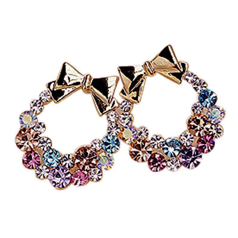 Colorful Rhinestone Bowknot Ear Stud Earrings Women Lady Party Gift
