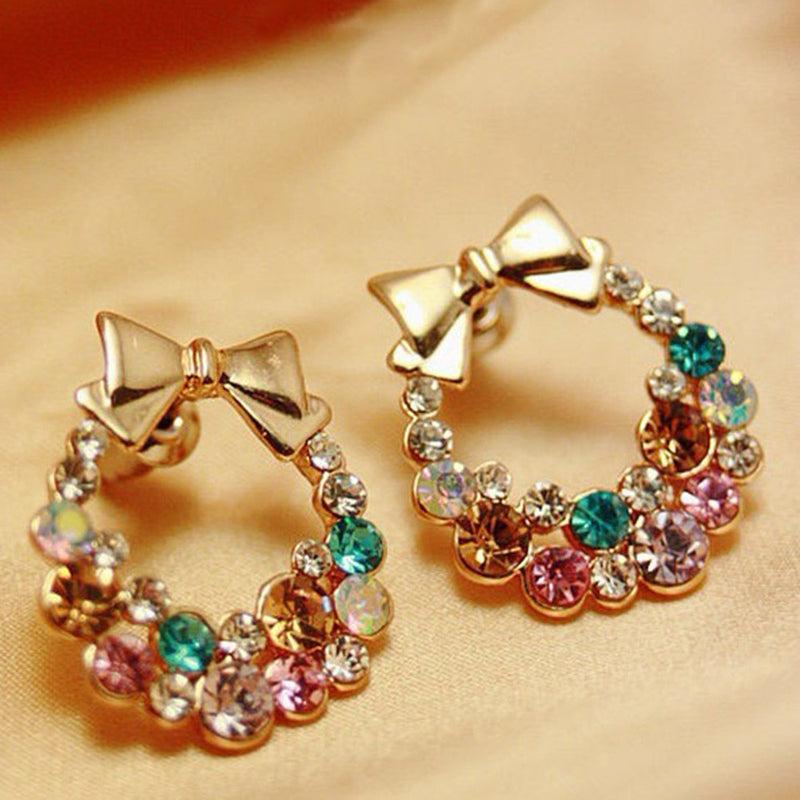 Colorful Rhinestone Bowknot Ear Stud Earrings Women Lady Party Gift