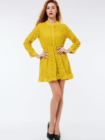 Single-Breasted Long Sleeve Hollow Women's Lace Dress