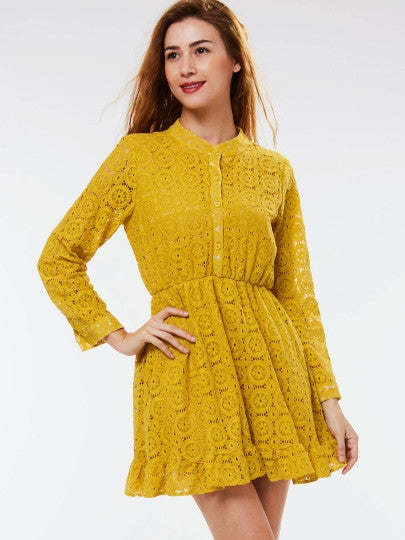 Single-Breasted Long Sleeve Hollow Women's Lace Dress
