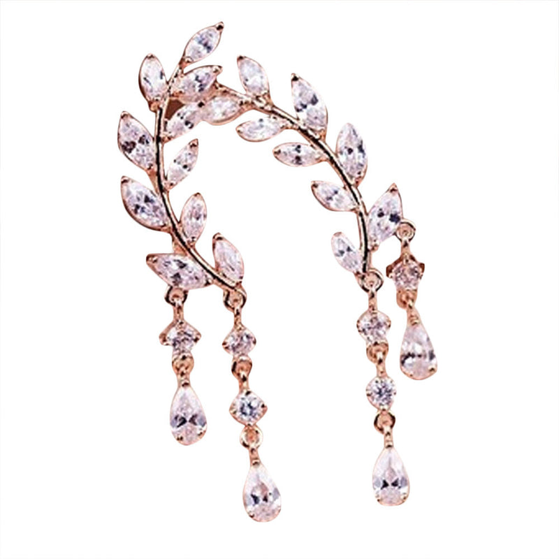 1Pair Women Fashion Crystal Rhinestone Leaves Tassel Ear Stud Earrings Rose Gold
