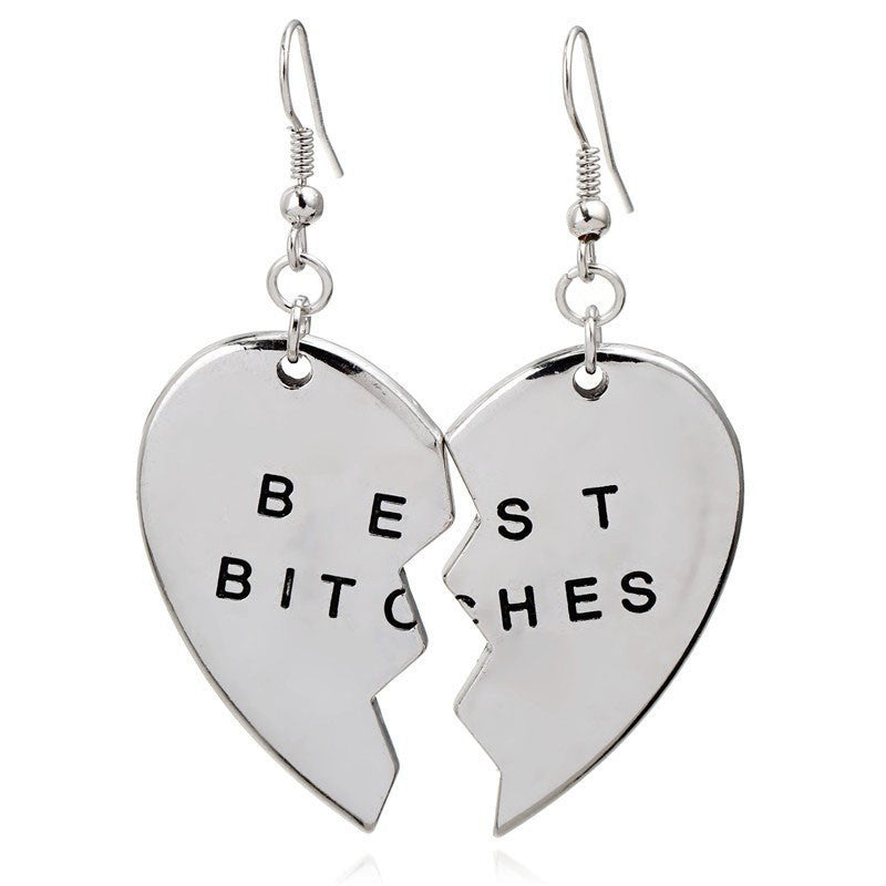 1 Pair Pendant Bitches Friend Forever Split Heart Two-part Earrings GD