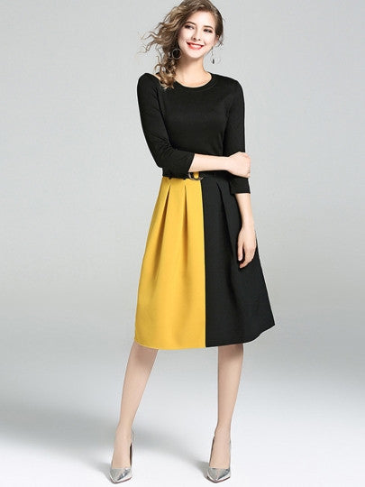 Half Sleeve Patchwork Women's Day Dress with Belt