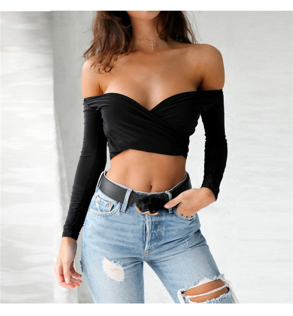 shoulder V cross collar Halter long sleeved T-shirt