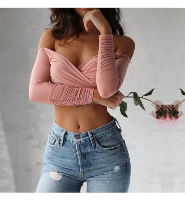 shoulder V cross collar Halter long sleeved T-shirt