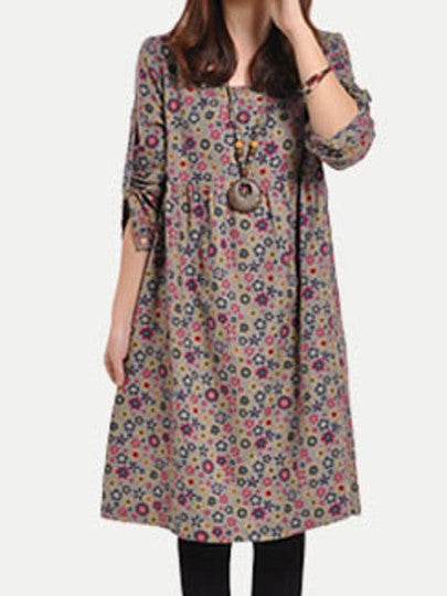 Floral Print Loose Long Sleeve Women's Dress