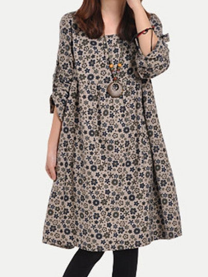 Floral Print Loose Long Sleeve Women's Dress