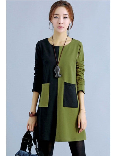 Color Block Loose Long Sleeve Top Quality Women's Day Dress