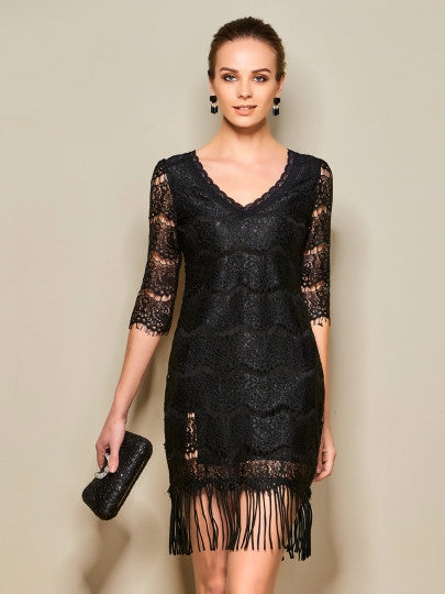 Black Tassels Half Sleeve Women's Lace Dress