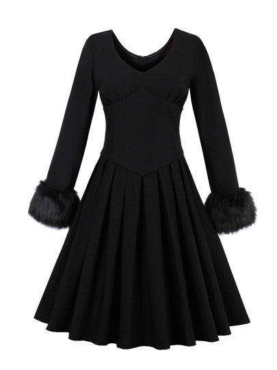 Black Artificial Wool Decorated Women's Long Sleeve Dress