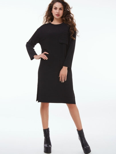 Black Long Sleeve Split Women's Day Dress