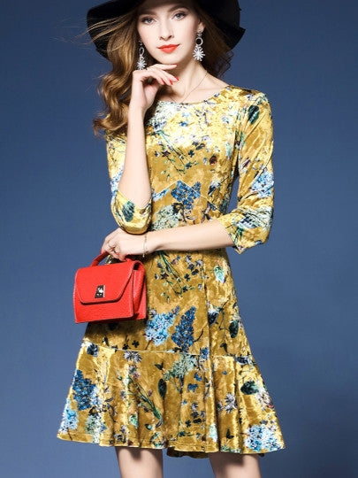 Yellow Velvet Floral Women's Day Dress