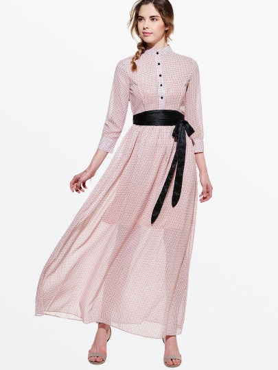 Nine Points Sleeve Single-Breasted Chiffon Lace Up Button Women's Maxi Dress