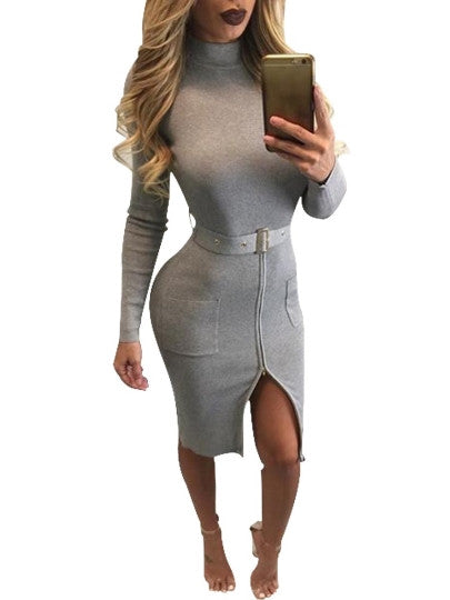 Turtle Neck Pockets Front Zipper Women's Bodycon Dress