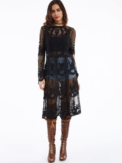 Flare Sleeves See-Through Women's Lace Dress