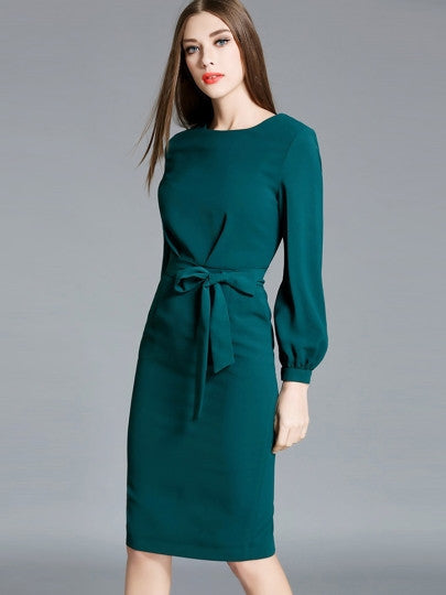 Office Lady Lantern Sleeve Bowknot Plain Women's Bodycon Dress