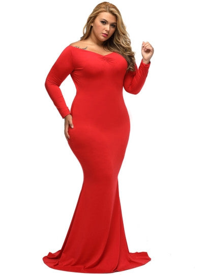Open Shoulder Mermaid Plus Size Long Sleeve Women's Maxi Dress
