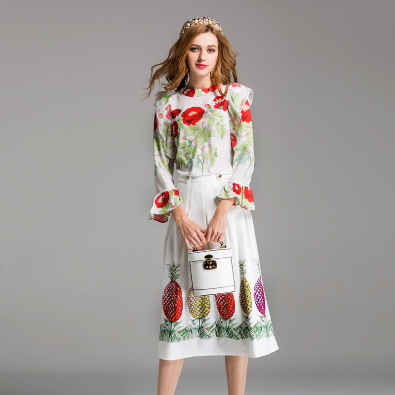 Designer Runway Suit Set Long Sleeve Floral Blouse Shirt Pineapple Skirt Set